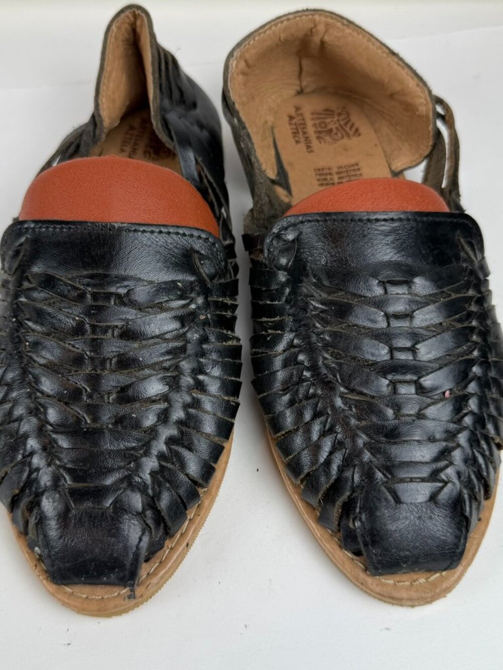 Artesanias Azteca Black Woven Leather Huarache Flats Shoes Women Sz 7.5/8 Damage